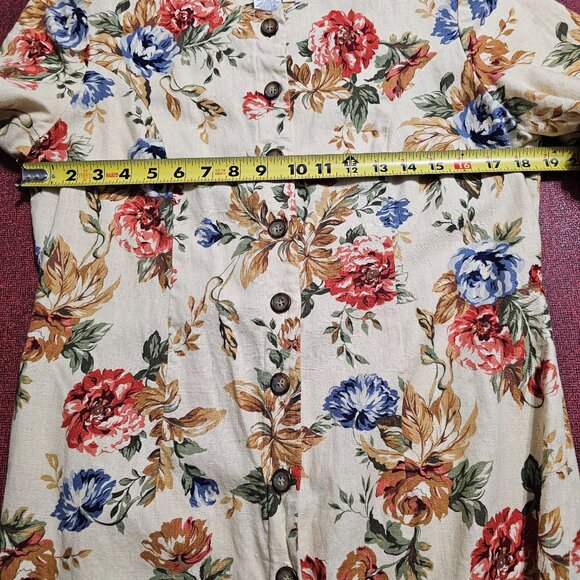 VTG 90s Talbots Floral Linen Blend Dress 14P Midi Button Up Prairie Cottagecore - Picture 9 of 12